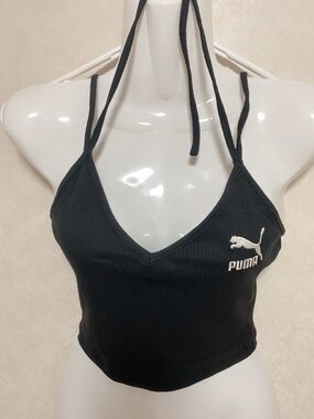 Puma Black Ribbed Halter Crop Top with White Logo